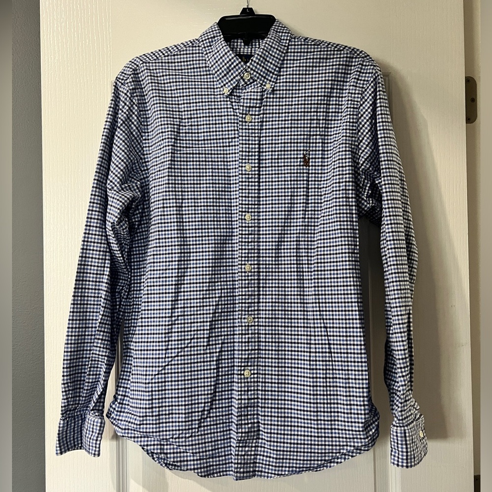 Men’s POLO Ralph Lauren Slim Fit Long Sleeve Blue Plaid‎ Shirt - Size Large